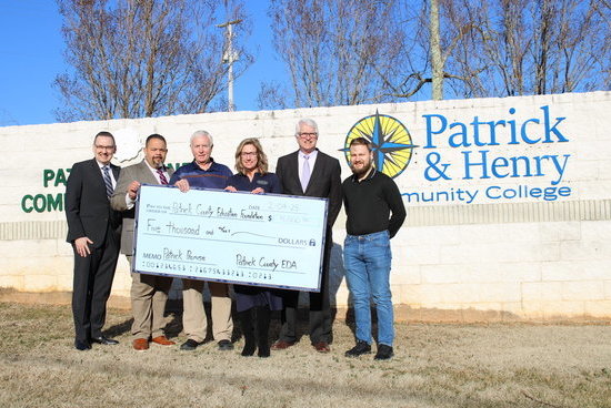 Dr. Greg Hodges, P&HCC President; James Houchins, Executive Director of Patrick County ED; Danny Foley, EDA Director; Tiffani Underwood, P&HCC Foundation Executive Director; Dr. Stewart Roberson, PCEF Chair; Noah Mabe, Small Business & Economic Developmen